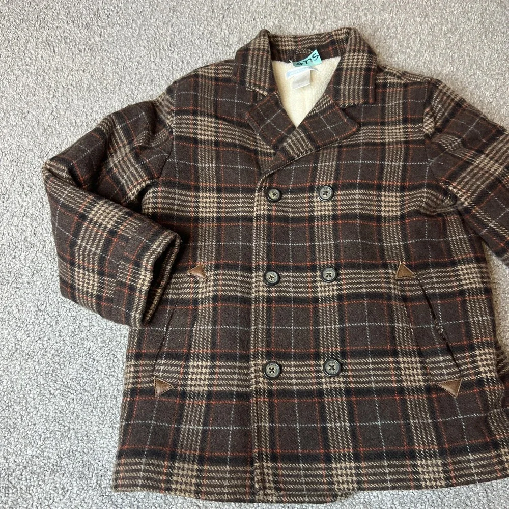 Janie And Jack Pea Coat Kids 4-5 Brown Plaid Wool Faux Fur Lined Winter‎ preppy - Picture 2 of 13